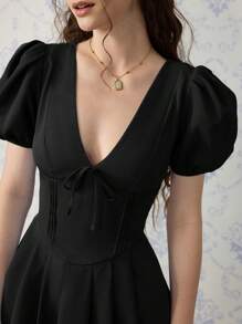 SHEIN MOD 夏季优雅黑色V领迷你泡泡袖茶歇裙 - 黑色 - 查看 5