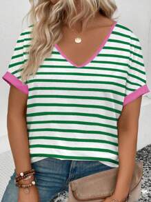 SHEIN EMERY ROSE CURVE Camiseta de manga corta con escote en V y estampado digital, a rayas y de colores, de talla grande para mujer, de estilo casual para primavera/verano