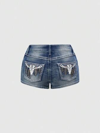 Hippie Women Embroidered Ripped Pockets Sexy Denim Shorts, Summer