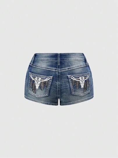 Hippie Women Embroidered Ripped Pockets Sexy Denim Shorts, Summer