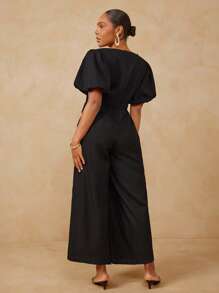 L'Amorae 女式前深V领夏季度假泡泡袖亚麻连体裤 - 黑色 - 查看 3