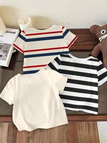 SHEIN 3pcs/Set Teddy Bears, Baby Boy Casual Minimalist Round Neck Short Sleeve Loose T-Shirt, Suitable For Summer
