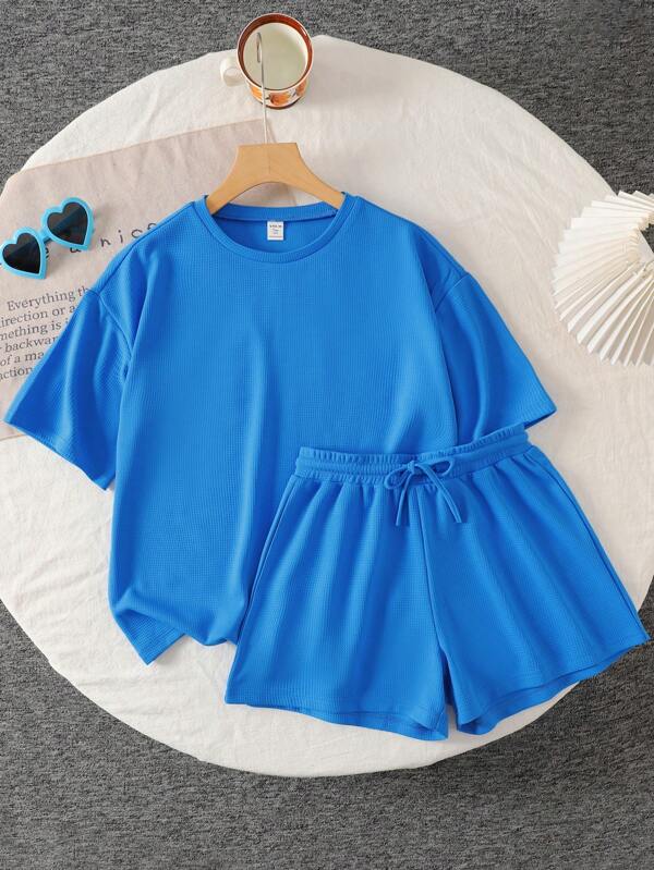 SHEIN Teen Girls Blue Knit Knit Solid Color Loose Fit Short Sleeve Top And Shorts, Casual Outfit Set, Casual Street Style, Basic Style, Suitable For Summer