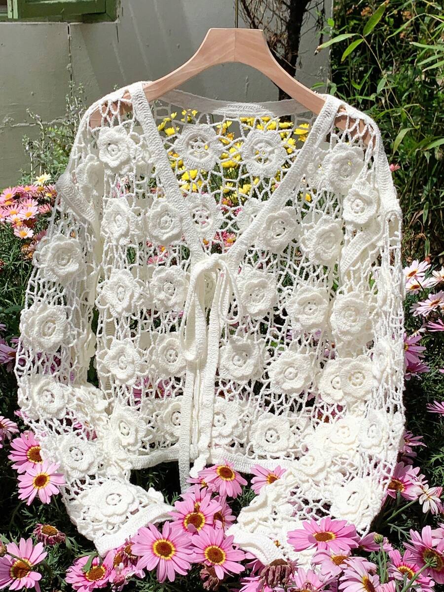 Comfortcana Women Open Front Solid Color Long Sleeve Hollow Out Cardigan, Fashionable For Spring & Autumn - Beige - View 1