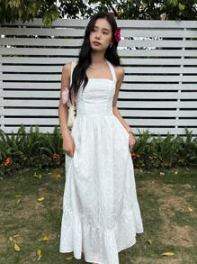 SHEIN Teen Girls Sweet Floral Trim Cinched Waist A-Line Mid-Length Dress - White - View 1