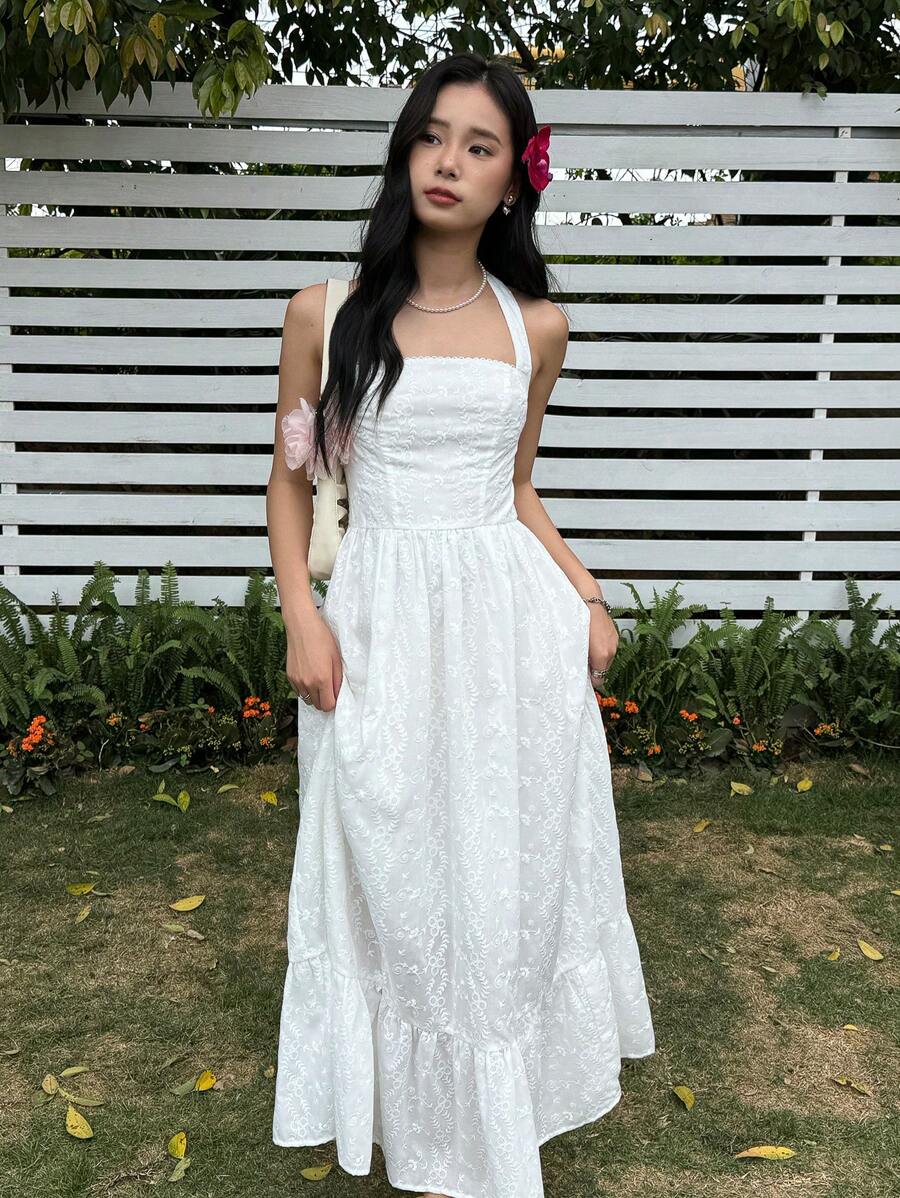 SHEIN Teen Girls Sweet Floral Trim Cinched Waist A-Line Mid-Length Dress - White - View 1