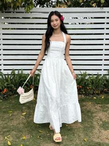 SHEIN Teen Girls Sweet Floral Trim Cinched Waist A-Line Mid-Length Dress - White - View 3