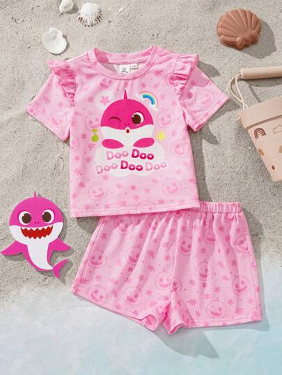 BABY SHARK X SHEIN 2pcs Set Baby Girls Cartoon Colorful Rainbow Cloud & Cute Pink Shark Print Cap Sleeve T-Shirt & Shorts, Sweet Summer Outfit