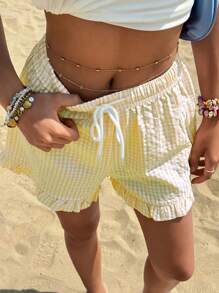 Jouncy 女式夏季休闲格子荷叶边下摆宽松短裤