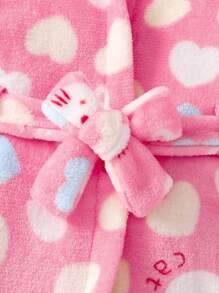 Young Girl Cute Knitted Flannel Multi-Color Heart Cat Ear Hooded Long Sleeve Open Front Belted Robe, Soft & Comfortable For Home Wear - Baby Pink - View 7