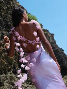 Vestido sin espalda de tejido liso para mujer - Morado - Ver 3
