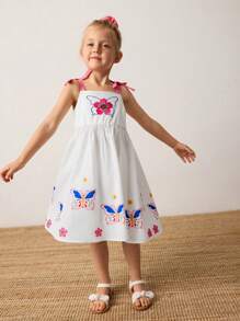 Maija Kids Maija Kids 年轻女孩蝴蝶和花卉印花休闲吊带背心连衣裙 - 白色 - 查看 3