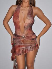 SHEIN ICON Summer Sexy Backless Mini Tie-Dye Print Dress Thanksgiving - Multicolor - View 3