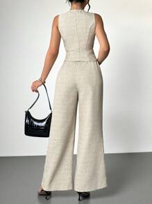 SHEIN Clasi 2 buc/Set Vestă de damă, de in, de culoare solidă, cu talie înaltă, cu pantaloni largi, plisați, ținută de birou, elegantă, minimalistă, vară