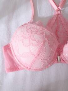 DelicateAllure 前开合，提升，提升乳沟，模压罩杯，钢圈，美丽背部，蕾丝，蝴蝶结，贴花，3D，清新，舒适的半罩杯，可爱的娃娃设计女士文胸，卡哇伊 - 粉色 - 查看 6