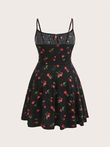 SHEIN EZwear Plus Size Cherry Print Flare Hem Slip Dress, Waist-Cinched A-Line, Suitable For Spring & Summer,Beach Dress Sundress,Holiday Outfits Boho,Corset Dress