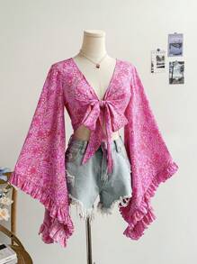 Soleia V-Neck, Ribbon Tie, Bell Sleeve, Print Shirt