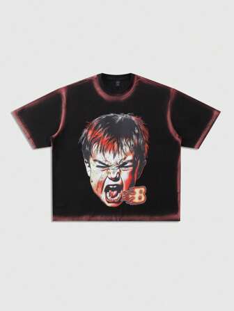 Street Life T-shirt ample pour hommes avec rayures peintes au pistolet et imprimé de figure