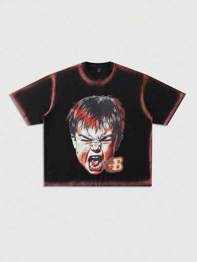 Street Life Camiseta de corte holgado para hombre con estampado de rayas y figuras pintadas con aerosol