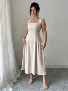 Elenzga Vestido para mujer tallas grandes elegante y sofisticado para oficina/casual/vacaciones con cuello cuadrado, sin mangas y cintura ajustable en forma de A, para primavera/verano