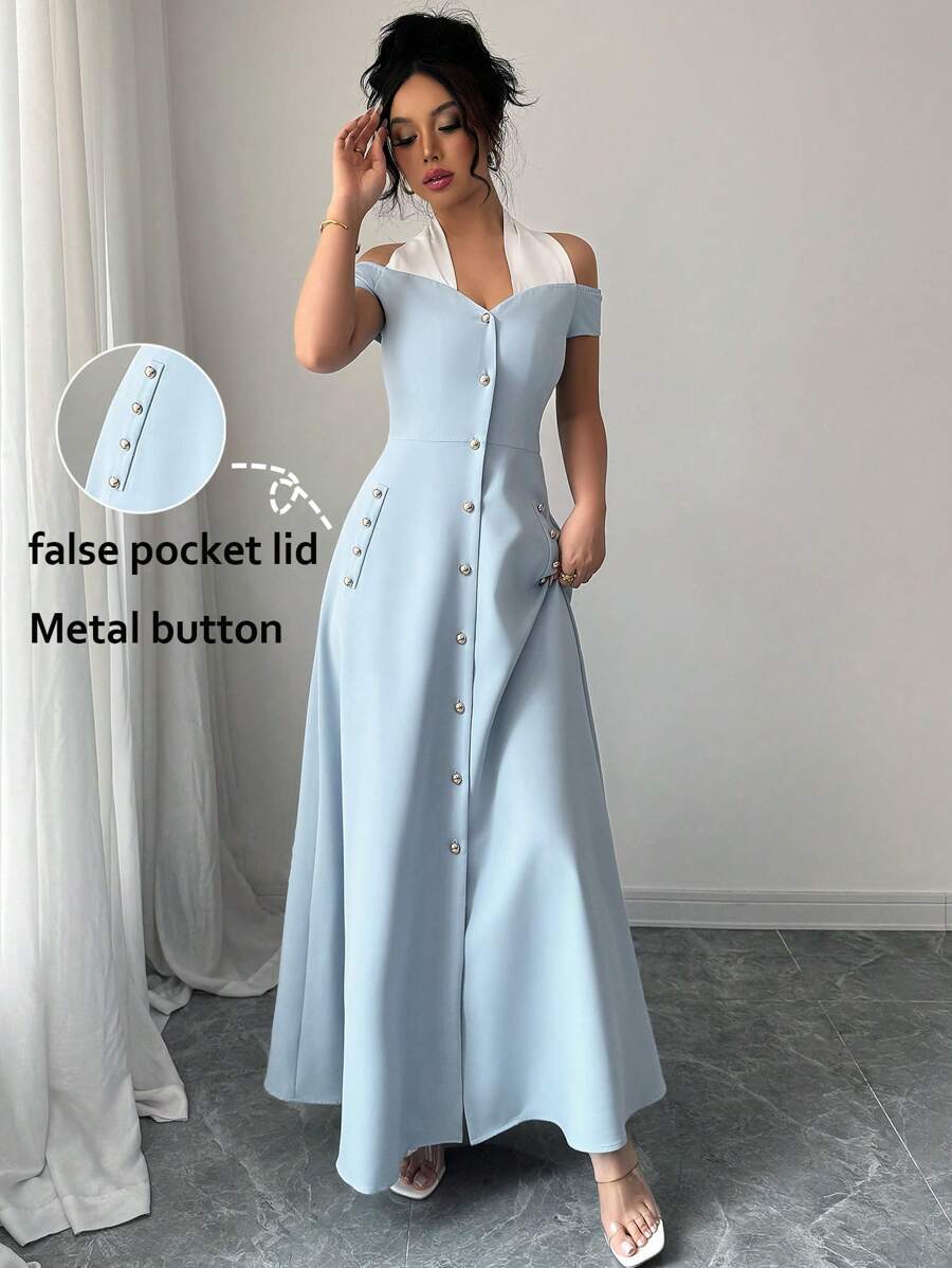 SHEIN LUNE 女士优雅休闲适合日常穿着的露背宽松短袖金属纽扣前 A 字连衣裙 - 藍色 - 查看 1