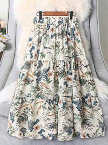 SHEIN Unity Plus Size Women Ditsy Floral Flare Skirt, Suitable For Summer Vacation - Green - View 2