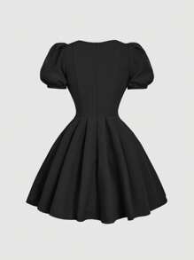 SHEIN MOD 夏季优雅黑色V领迷你泡泡袖茶歇裙 - 黑色 - 查看 6