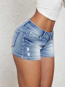 SHEIN ICON Women's Casual Distressed Pocket Denim Shorts, Versatile - Blue - View 5