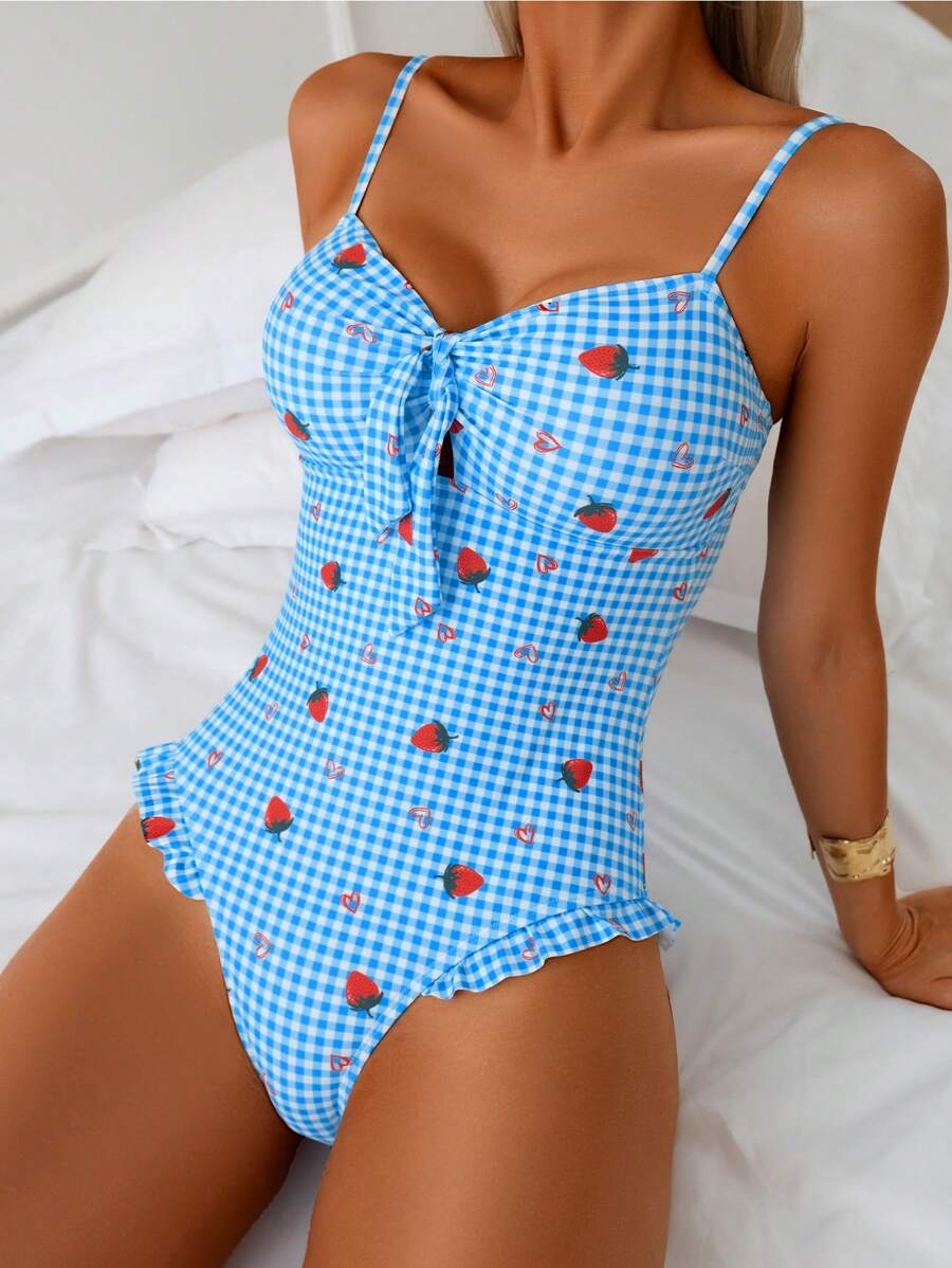 SHEIN Swim 1 件女式可爱格子草莓心形印花蝴蝶结前褶边下摆连体泳衣，休闲度假沙滩装