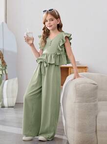 SHEIN Leap Crew 少女两件套：V 领荷叶边衬衫和蝴蝶结阔腿裤，休闲度假装，乡村时尚风格，适合春季花园茶 - 薄荷綠 - 查看 5