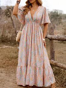 SHEIN Tall 大码女式优雅 V 领短袖 A 字形蛋糕风格长裙，春夏 - 彩色 - 查看 1