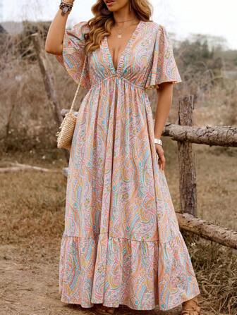 SHEIN Tall Plus Size Women Elegant V-Neck Short Sleeve A-Line Cake Style Maxi Dress, Spring/Summer