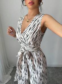 Elenzga 2025 Spring & Summer New Style Casual Black & Apricot Printed Vacation & Commute Cross V-Neck Cinched Waist Sleeveless Jumpsuit
