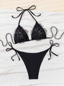 Swim SXY Women's Sexy Black Solid Color Beach Bikini Top With 3D Floral Decor, Suitable For Beach Vacation For Summer - Black - View 5