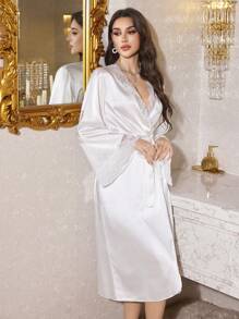 LuxeNights 优雅蕾丝拼接长款女士睡衣，奢华家居服，秋冬款 - 白色 - 查看 6