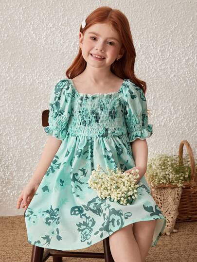 Blossori Young Girls Country Style Green Ditsy Floral Puff Sleeve Casual Dress