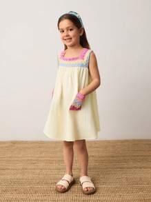 Maija Kids Maija Kids Young Girl Loose Casual Colorblock Patchwork Dress - Apricot - View 5