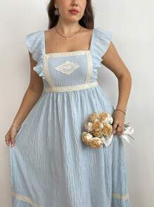 Flirla Plus Size Romantic Floral Patchwork Square Collar Ruffle Cap Sleeve Cinched Waist A-Line Dress - Baby Blue - View 1