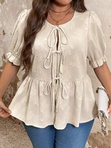 SHEIN LUNE Camisa casual de talla grande con anudado en unicolor y diseño jacquard - Albaricoque - Ver 6