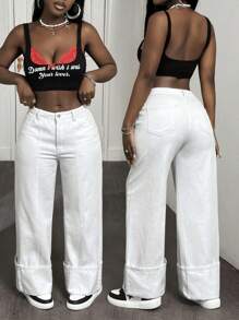 SHEIN Slayr 女式宽松口袋休闲百搭直筒牛仔裤 - 白色 - 查看 1