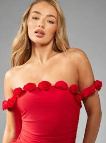 MISSGUIDED Beach Rose Detail Off Shoulder Ruched Sides One Piece Swimsuit - Red - View 3