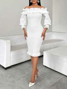 SHEIN Lady Damen Sommer elegantes einfarbiges Off-Shoulder Rüschen-Saum bodycon knöchellang Kleid - Weiss - Übersicht 5