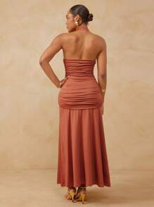 L'Amorae 优雅方领褶饰喇叭长裙 - 藕粉色 - 查看 4