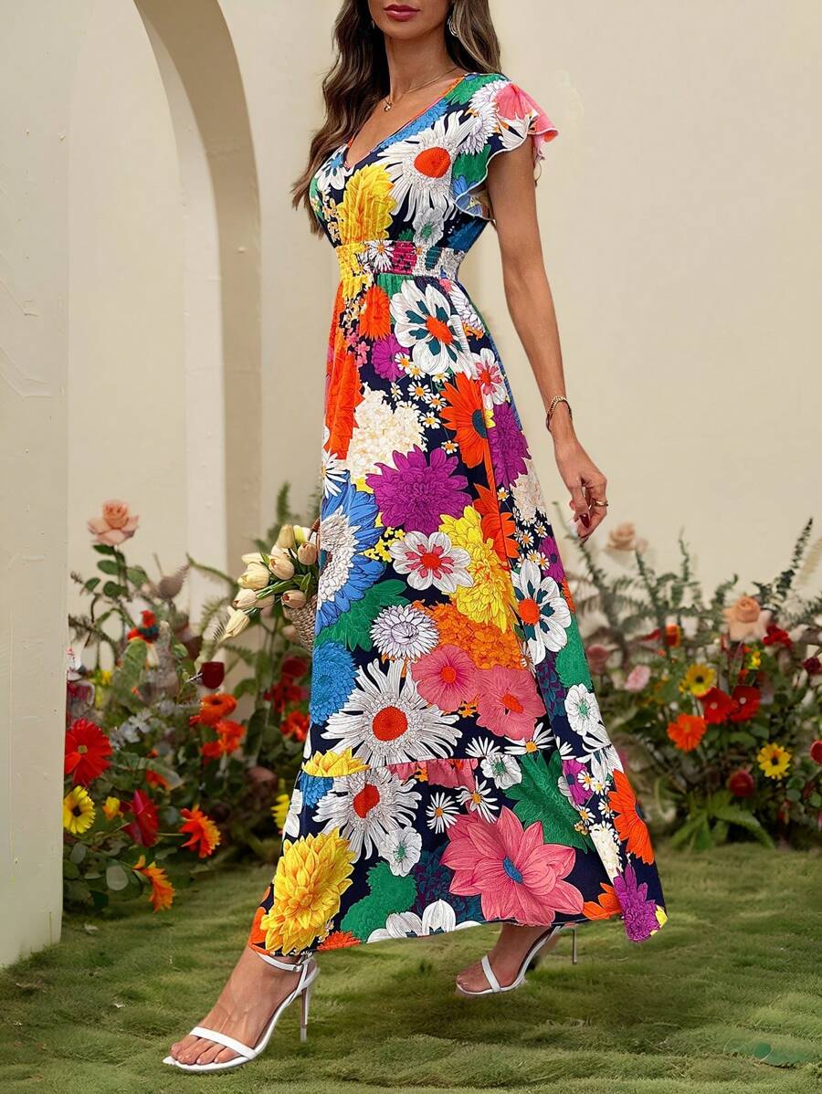 SHEIN Clasi Women Elegant V-Neck Cap Sleeve Floral Print Dress, Vacation Wear Wedding Guest Dress Women Graduation Dress Vacation Outfits - Multicolor - View 1