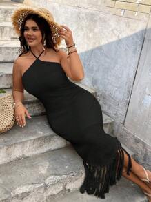 SHEIN VCAY Vestido de vacaciones con ajuste en la cintura y flecos para tallas grandes, estilo halter