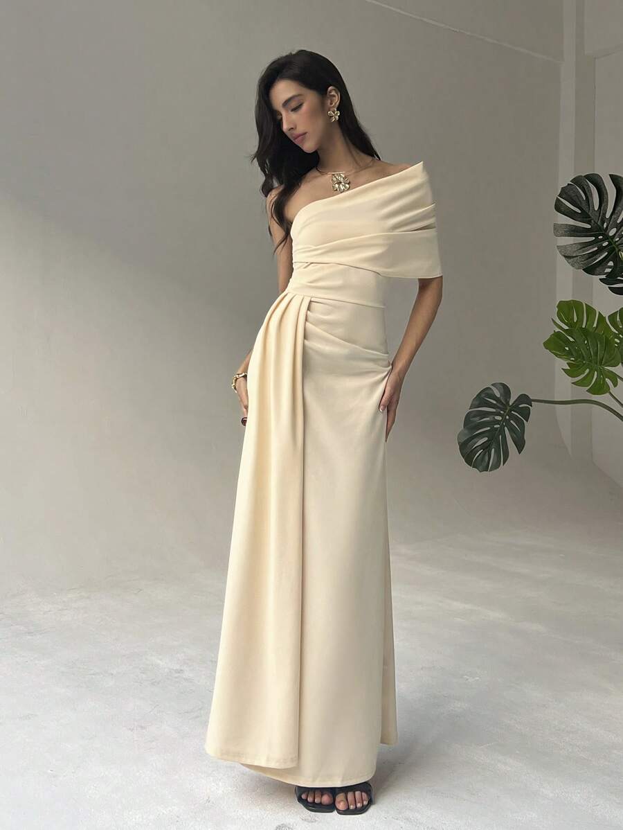 Aloruh Women Solid Color Ruched One Shoulder Elegant Vacation Dress,Graduation Dresses - Apricot - View 1