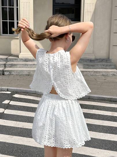 SHEIN Tween Girls Casual Holiday Woven Embroidered Solid Color Round Neck Asymmetrical Hem Top And A-Line Skirt 2pcs Set