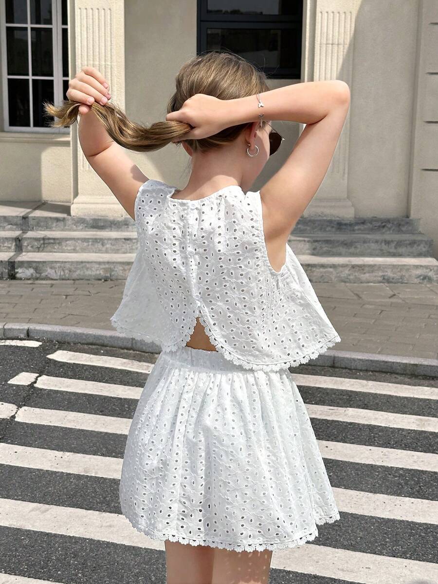 SHEIN 青少年女孩休闲假日编织刺绣纯色圆领不对称下摆上衣和 A 字裙 2 件套 - 白色 - 查看 1