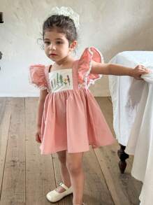 LMoss Kids Baby Mädchen Gestricktes Kleid mit Kontrast-Farbstickerei, quadratischem Kragen und Rüschenbesatz