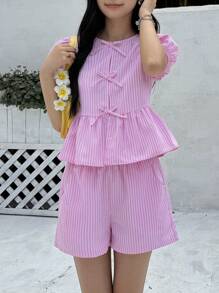 2件套青少年女孩休闲舒适圆领泡泡袖蝴蝶结衬衫和短裤套装 - 粉色 - 查看 4